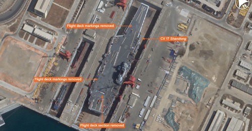 Vantor imagery showing CV 17 
        
        in a 370 m dry dock for maintenance at Yulin Support Base on Hainan Island.