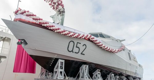 Second-in-class Qatari 50 m fast attack craft 
        
        (Q-52), seen on launch at Dearsan Shipyard in Istanbul on 14 February 2026.
