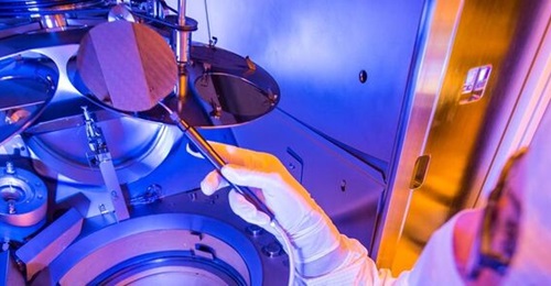 A gallium nitride wafer at Raytheon's foundry in Massachusetts. Raytheon is leveraging its expertise with materials like this to develop the process for manufacturing TFLN wafers under the Mastermind programme.