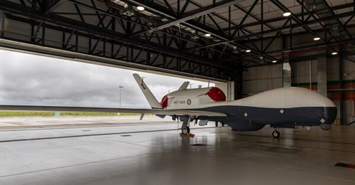 The MQ-4C Triton UAV is pictured in the new hangar at RAAF Base Tindal, Northern Territory.