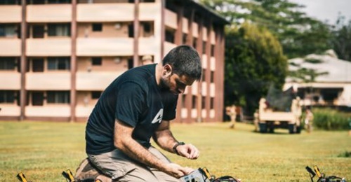 An Auterion employee prepares first-person view UAVs for the swarm demonstration at Schofield Barracks, Hawaii, as part of JPMRC 26-01 on 6 November 2025.