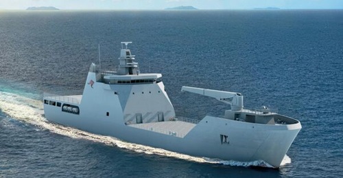 A computer-generated visualisation of the 100 m LCH that will be constructed by Austal, based on the Damen LCT100 design.