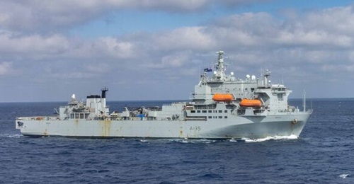 The Royal Fleet Auxiliary (RFA) primary casualty receiving ship RFA 
        
         (A 135) during a passing exercise with the US Navy's San Antonio (LPD 17 Flight I/II)-class amphibious transport dock USS 
        
         (LPD 19) in February 2024.