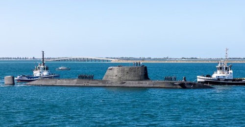 The Astute-class submarine HMS 
        
         arrives at HMAS Stirling in Western Australia for a scheduled Submarine Maintenance Period.