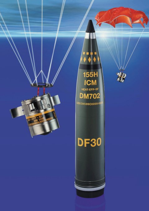 The complete SMArt155 artillery projectile (middle) with submunitions containing an EFP warhead deployed by a parachute (left and right). (GIWS)