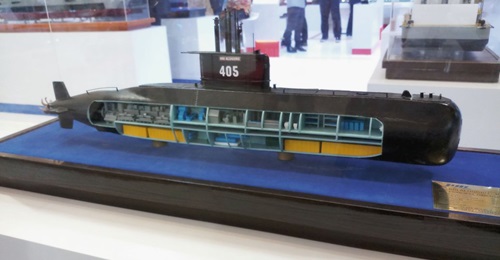 A model of an Indonesian Type 209/1400 submarine on display at Indo Defence 2018.