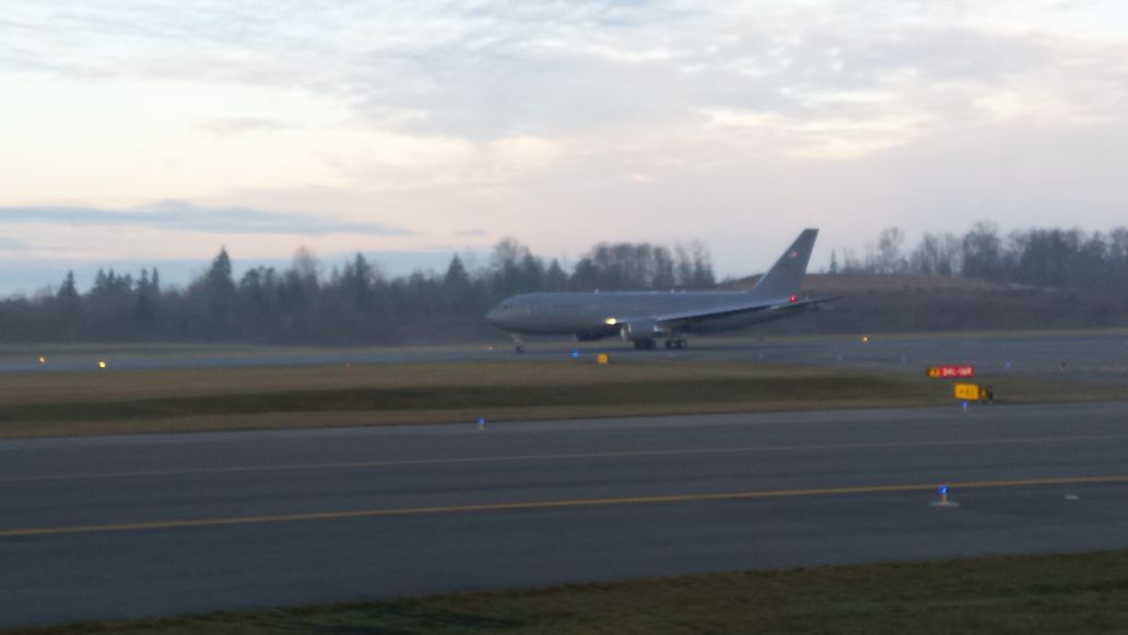 The first KC-46A delivery, destined for the McConnell Air Force Base in Kansas, departs from Boeing's Everett, Washington, facility on 25 January. (IHS Markit/Pat Host)