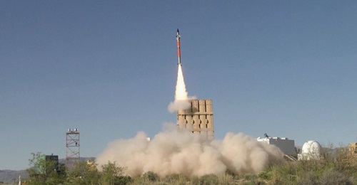 An Israeli Iron Dome Tamir missile shown launching from the US Army's new air-defence platform, the IFPC 2-Intercept multimission launcher.