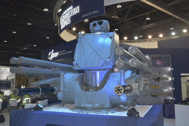 Russia publicly showcased an all-up system demonstrator of its new Pantsir-ME naval air defence system for the first time at the 2019 International Defence Exhibition and Conference in Abu Dhabi. (Dmitry Fediushko)