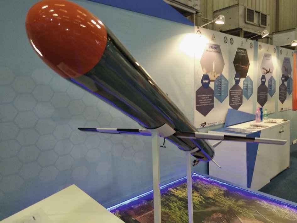 Scale model of the ground-launched Nirbhay cruise missile as displayed at Aero India 2019. (IHS Markit/Rahul Udoshi)