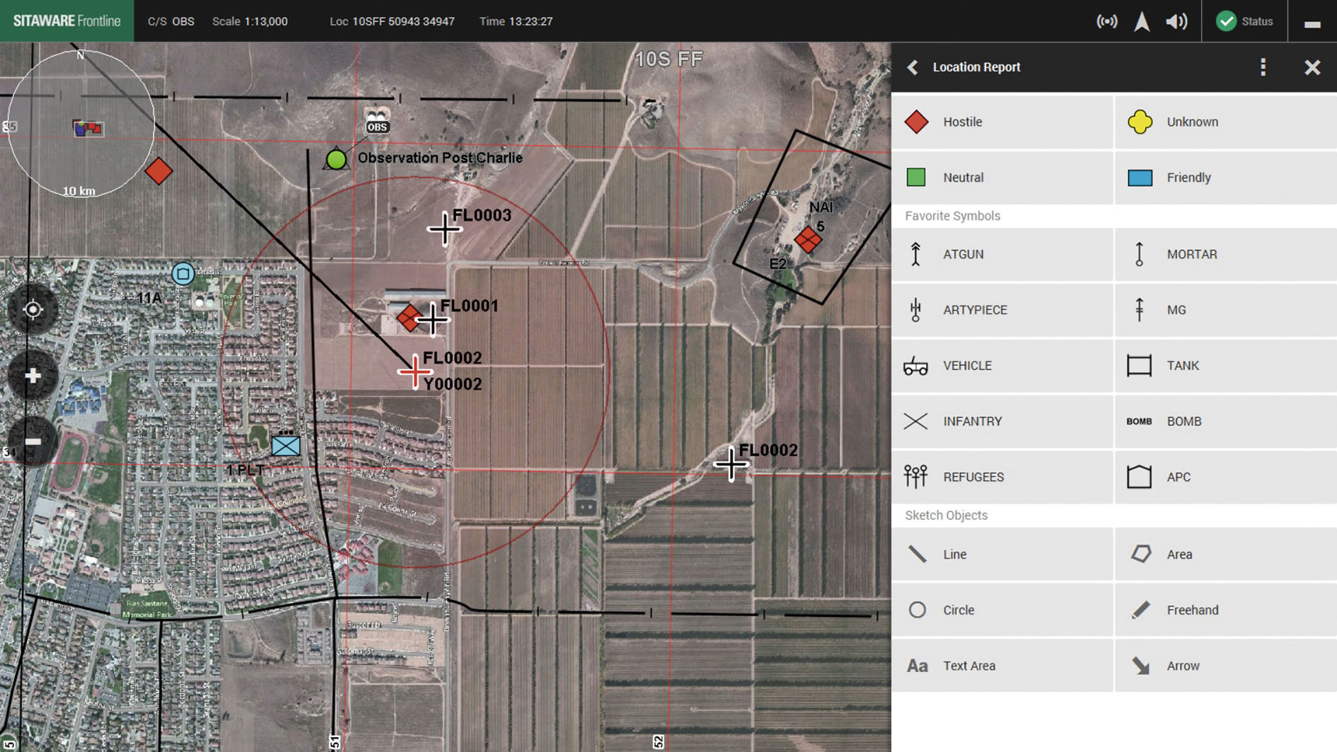 A screenshot of the Sitaware Fires module in Frontline showing danger calculations by a forward observer. (Systematic)