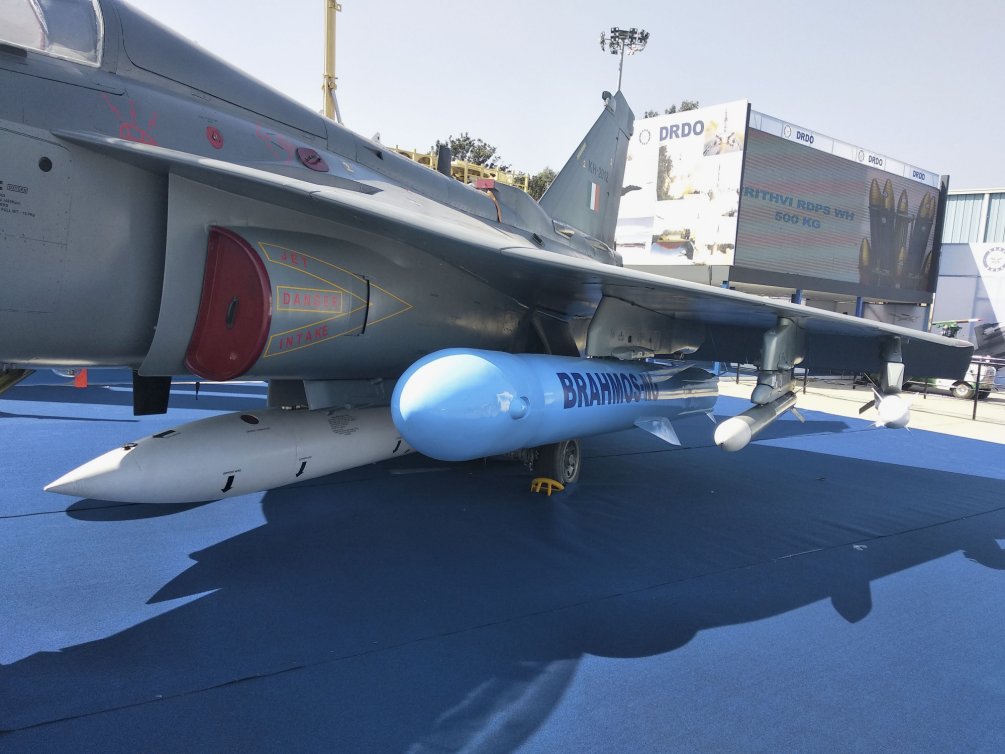 A BrahMos NG missile displayed on an underwing pylon of a Tejas LCA Mk 1 aircraft at the Aero Indian 2019 exhibition in Bangalore. (IHS Markit/Rahul Udoshi)