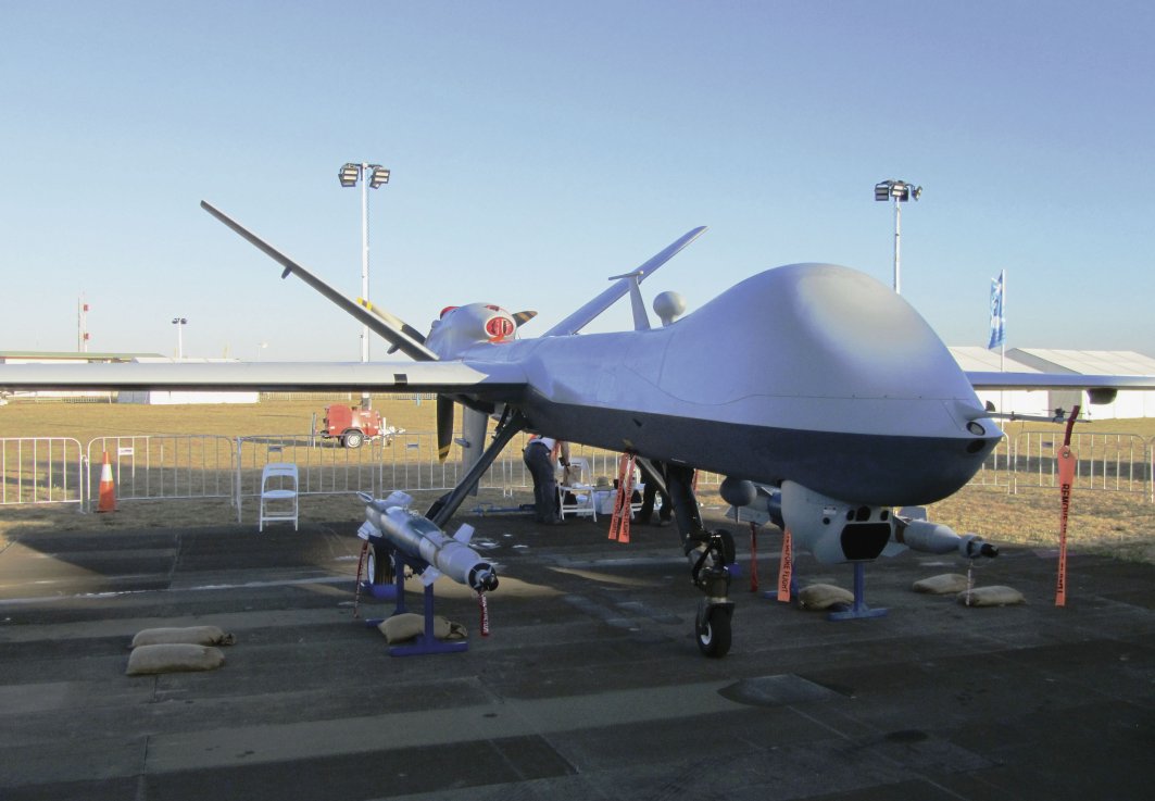 The GA-ASI Reaper unmanned aircraft at the Avalon Airshow 2017. The company launched its Team Reaper Australia partnership at the event to sell the platform to Australia, and has since added companies and defined roles. (IHS Markit/Gareth Jennings)