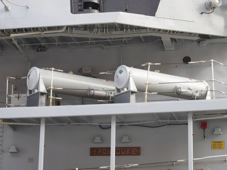 Outfit DLF(3b) launch tubes seen fitted on board the RN Type 23 frigate HMS Iron Duke. (Richard Scott/NAVYPIX)