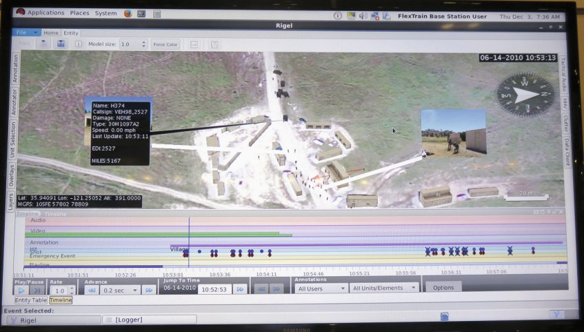 A screenshot of the ORION EXCON and analysis software in the Ravenswood FlexTrain system, showing exercise activity, with live video and entity identification tag. The exercise timeline is along the bottom. (Giles Ebbutt)