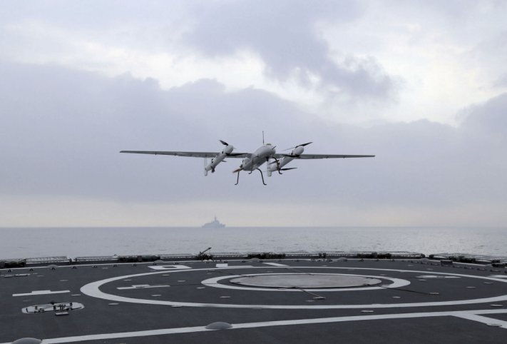 The PLAN deployed what appears to be a Sea Cavalry SD-40 VTOL UAV from a Luyang II-class destroyer during a training exercise held in late February in the South China Sea. (Via China Military Online )