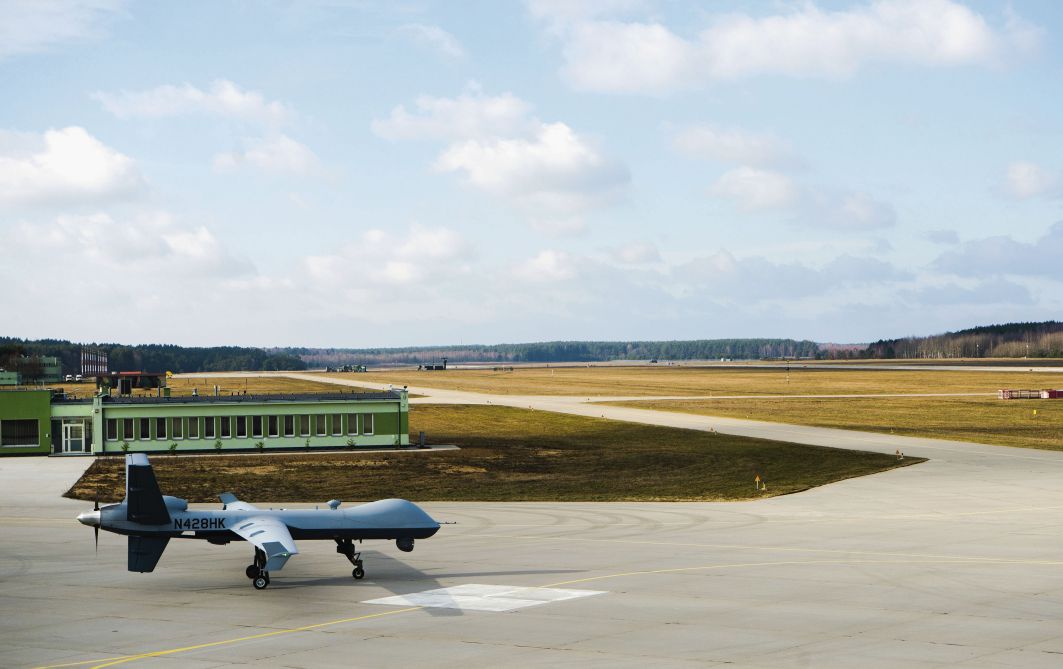 A Reaper UAV taxis out at Miroslawiec Air Base in Poland. The USAFE has had a number of Reapers operating out of the location since May 2018, and has now declared the capability to be fully operational. (US Air Force)