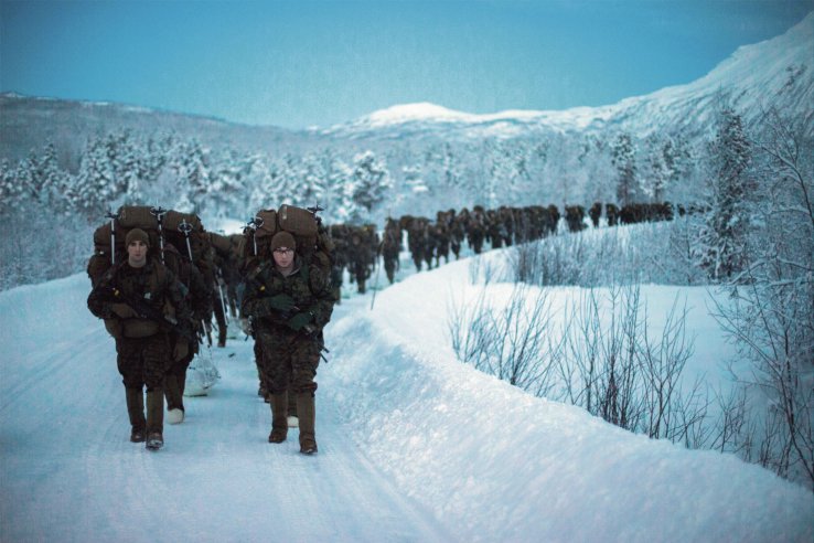 US marines with Marine Rotational Force-Europe 19.1 hike during an exercise in Norway. The Trump administration has sent Congress its FY 2020 budget request with USD718 billion slated for the Pentagon, but with less funding for the European Deterrence Initiative. (US Marine Corps)