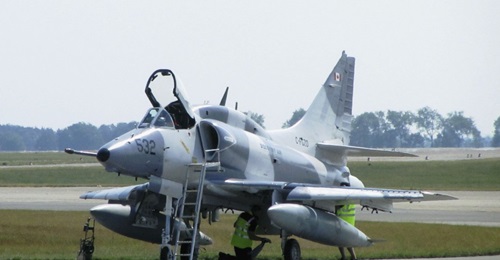 A Douglas A-4N Skyhawk jet belonging to Top Aces (formerly Discovery Air). The 'red air' provider was part of the Leonardo bid for the now cancelled ASDOT training programme for the UK.