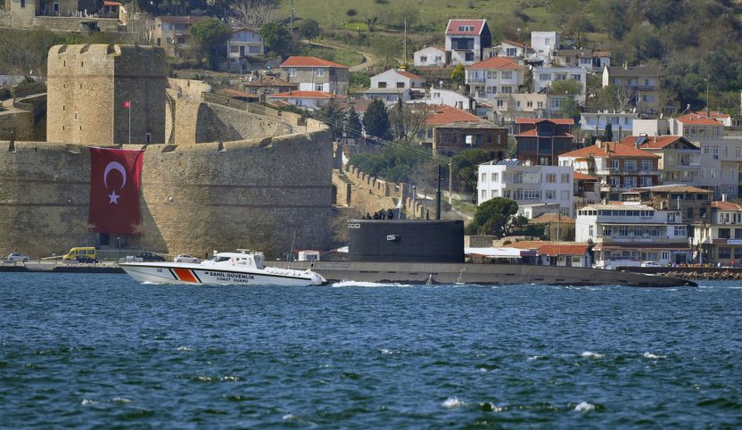 
        A Russian Project 636.3 ‘Kilo’-class diesel-electric submarine – identified by Turkish ship spotters as
        Krasnodar
        - is escorted by a Turkish Coast Guard vessel as it makes a southbound transit through the Dardanelles on 15 March.
       (Burak Akay/Anadolu Agency/Getty Images )