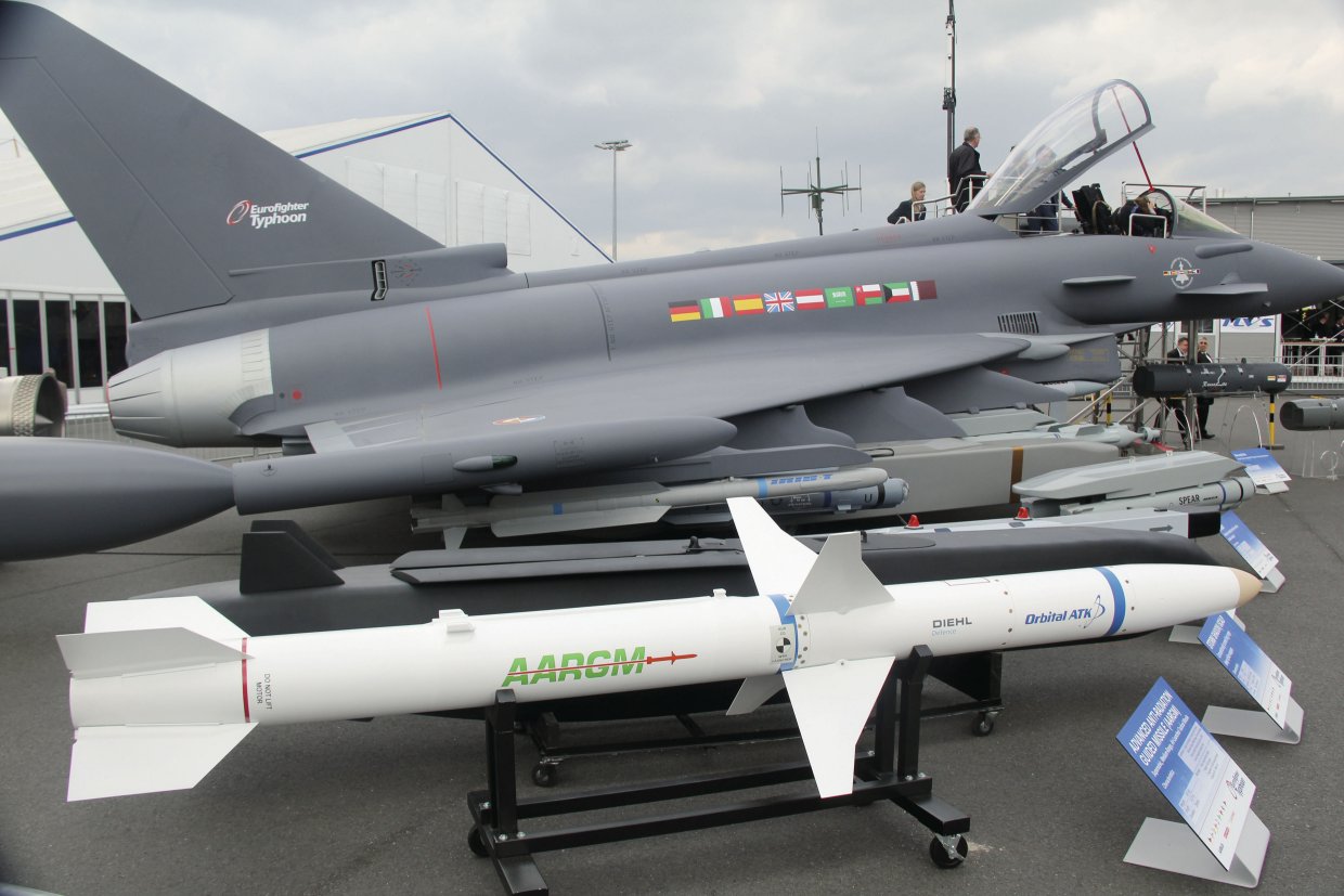 Seen in front of a Eurofighter Typhoon, the AARGM anti-radiation missile is to be integrated onto the Luftwaffe’s Tornado ECR fleet. (IHS Markit/Gareth Jennings)