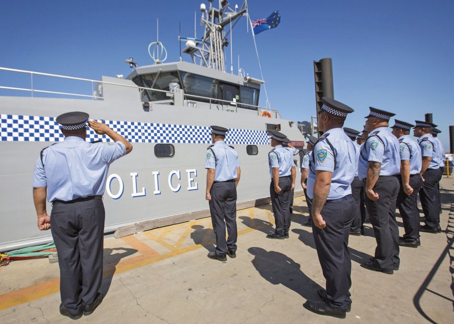 
        Members of the Tuvalu Police Force at the handover ceremony of
        Te Mataili II. (Commonwealth of Australia)