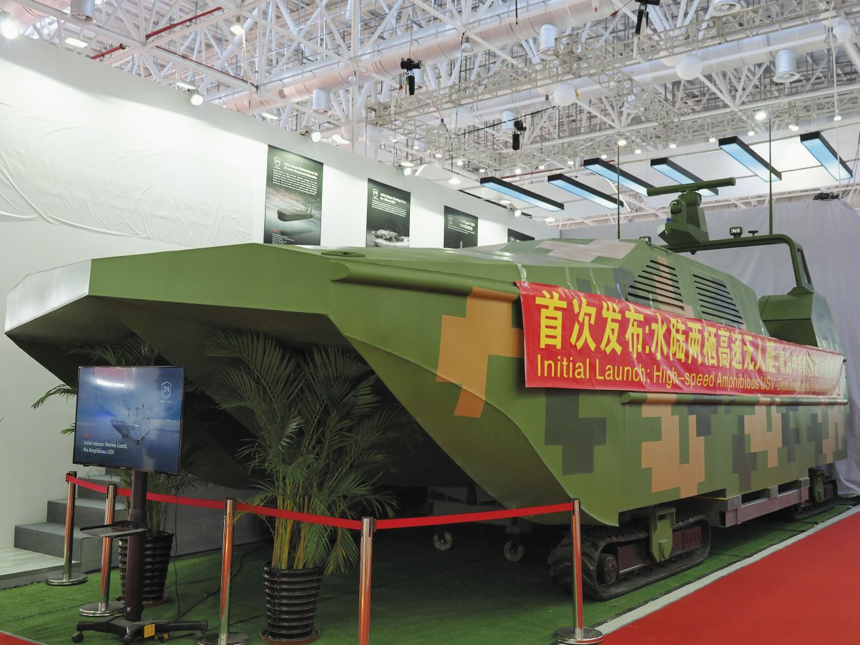 The full-scale prototype hull of the Marine Lizard amphibious combat USV seen during its public debut at Airshow China 2018. (IHS Markit/Kelvin Wong)