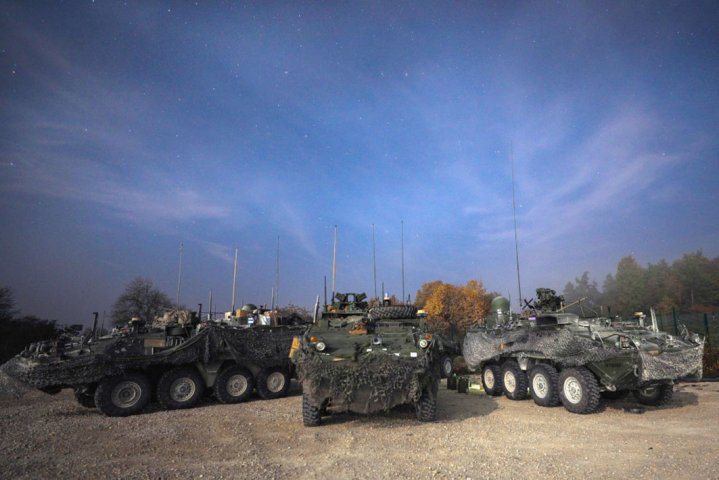 Stryker Infantry Carrier Vehicles (ICVs) make up the tactical action centre for the 2nd Cavalry Regiment during Dragoon Ready in Hohenfels, Germany, in 2018. The US Army is moving out with a new requirement to upgun its Stryker ICVs with a 30 mm cannon. (US Army)