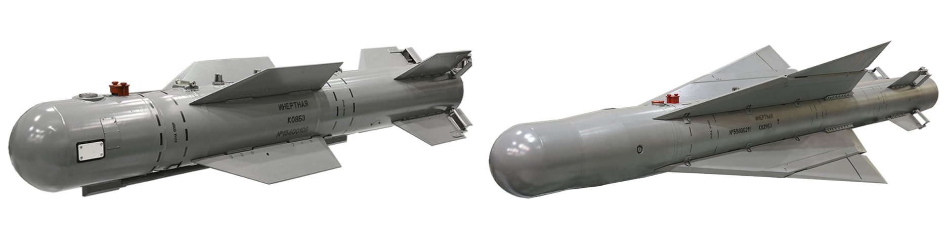 The Russian Aerospace Forces began receiving deliveries of new extended-range 500 kg and 1,500 kg guided bombs, designated K08BE (left) and K029E (UPAB-1500B-E, right), from GNPP Region during the first quarter of 2019. (GNPP Region)