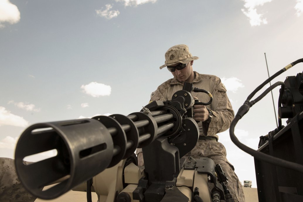 USMC Corporal Ryan George, a low-altitude air defence gunner with 2nd Low Altitude Air Defense Battalion Counter-Unmanned Aerial Systems Detachment, attached to Special Purpose MAGTF Crisis Response-Central Command, conducts a functions check ensuring kinetic capabilities on the Marine Air Defense Integrated System Mine Resistant Ambush Protected Vehicle operate properly in southwest Asia in February 2019.The service is working to modernise its MAGTFs. (USMC)