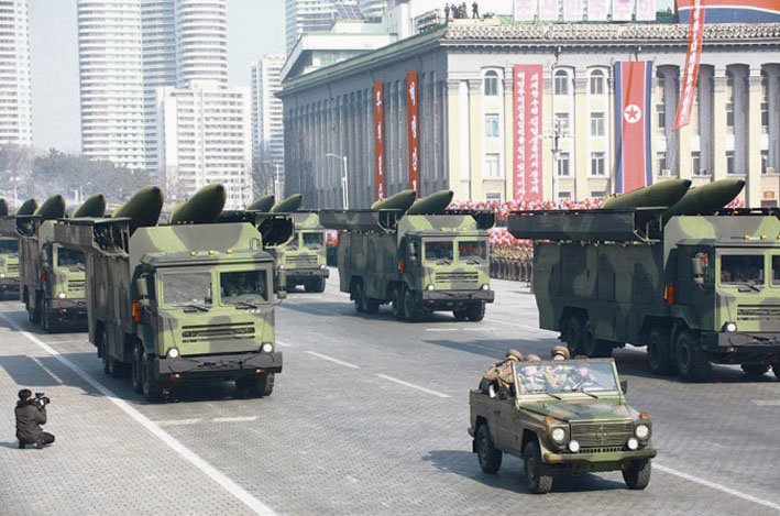 In February 2018 North Korea paraded six apparent TELs carrying missiles that resemble the ones test-fired on 9 and 4 May 2019. (KCNA)