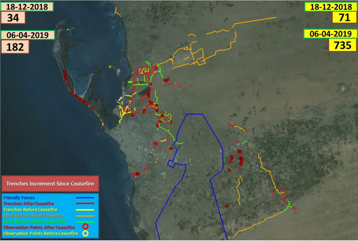 Annotated satellite imagery from a ceasefire violations report submitted to the UN Security Council on 9 April shows the new defensive positions that Ansar Allah has constructed around Al-Hudaydah. (Permanent Representatives of Saudi Arabia, the United Arab Emirates, and Yemen to the United Nations)