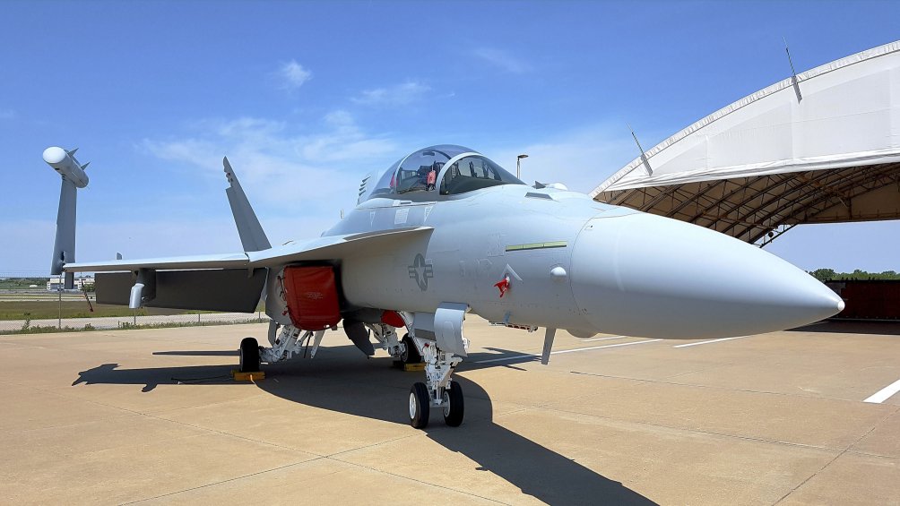 An EA-18G Growler electronic attack aircraft on the apron at Boeing's St Louis production facility. The US Navy plans to upgrade all 161 of its aircraft to the Block 2 standard, with further international opportunities likely to follow. (IHS Markit/Gareth Jennings )