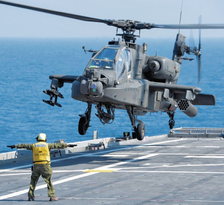 
        A US Army AH-64D Apache helicopter prepares to land aboard USS
        Ponce
        during an exercise. With an increasing emphasis on maritime operations for the helicopter, the service is to fit an emergency underwater crew escape system.
       (US Navy)