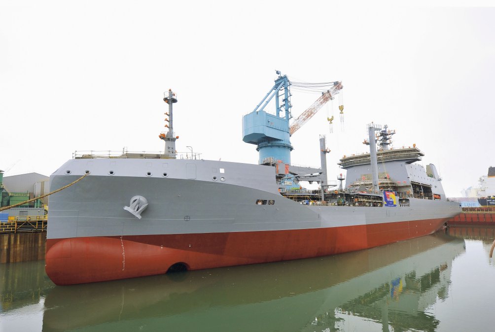 South Korean shipbuilder Hyundai Heavy Industries launched a fleet replenishment vessel for New Zealand (pictured) in April. Under a new agreement, the vessel could also provide opportunities for technical collaboration between South Korea and New Zealand. (HHI)