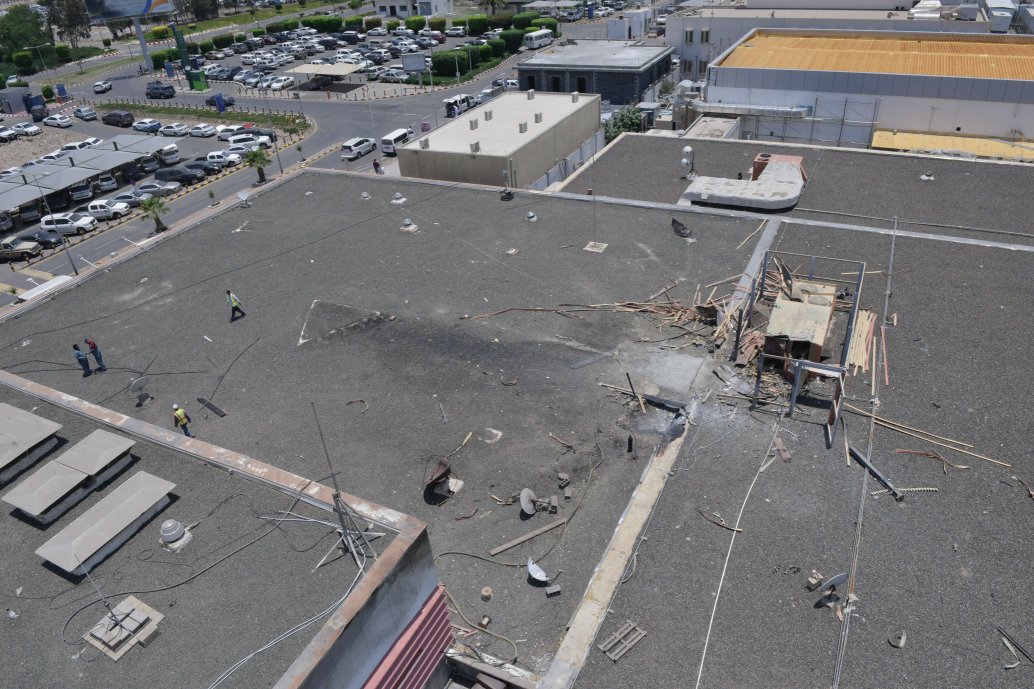 A photograph taken during a guided press tour with the Saudi military on 13 June shows the damage caused to the roof of Abha International Airport by an attack that Ansar Allah (Houthis) claimed was carried out on the previous day using a cruise missile. (Fayez Nureldine / AFP / Getty Images)