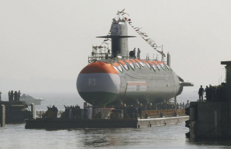 
        The IN has postponed the commissioning of Kalvari-class boat
        Khanderi
        (seen here during its launch ceremony in January 2017) by several months following the discovery of what appear to be manufacturing defects.
       (Government of India)