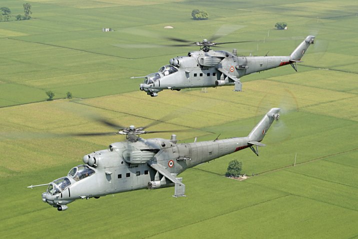 Two IAF Mi-25 ‘Hind’ attack helicopters. The IAF has signed a USD29 million deal with Russia for the acquisition of an undisclosed number of 9M120 Ataka anti-tank missiles to arm its fleet of Mil Mi-25/35 rotorcraft. (Indian Air Force)