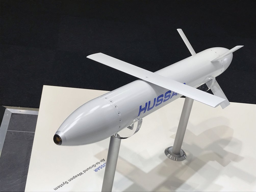 Model of the Diehl Defence-Safran Electronics & Defense Hussar tactical glide munition concept shown at the 2019 Paris Air Show. (R Hughes)