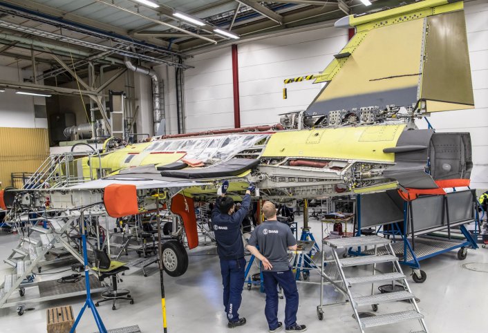 A Brazilian Gripen E in final assembly. (Saab)