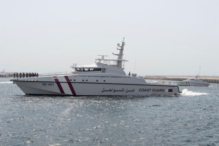 An Ares 150 Hercules OPV is seen in the harbour at Al-Daayeen Naval base during the inauguration. (Qatari Ministry of Interior)