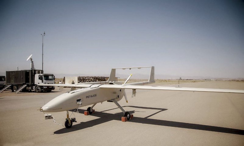 A Mohajer-6 is seen with its control vehicle in the background at an airstrip that is probably near Gonabad in northeast Iran. (Defapress.ir)