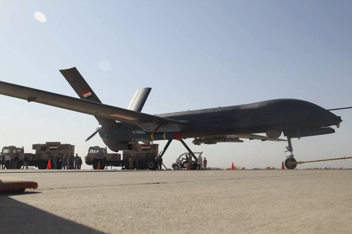 A photograph released by the Iraqi Ministry of Defence on 10 October 2015 of one of the Iraqi Army's CH-4 UAVs armed with what appear to be an AR-1 laser-guided missile and FT-9 guided bomb. (Iraqi MoD)