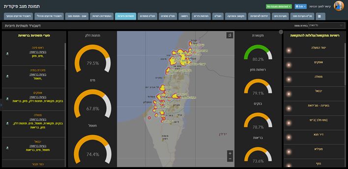 A screenshot of the Shual heatmap. Dashboards on the right include communications, food distribution networks, banks, and healthcare. On the left are gas stations, water, and electricity. (IDF Spokesperson Unit)