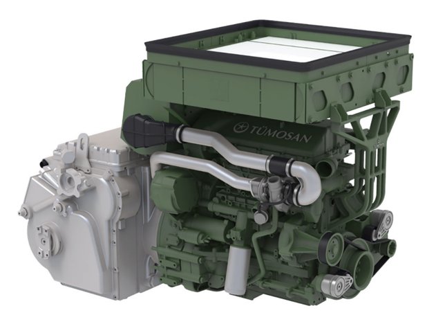 The complete Tumosan ALP Lightweight Tracked Vehicle Powerpack showing the radiator on top, diesel engine below, and automatic transmission on the left. (Tumosan)