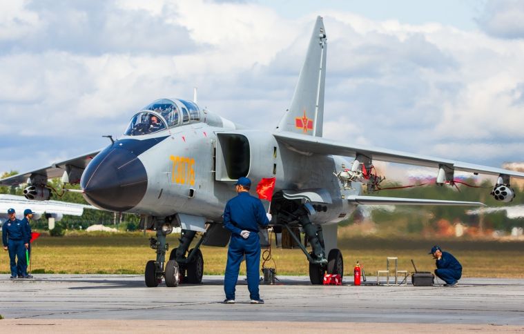 A PLAAF JH-7 aircraft, presumed to be the reported JH-7AII variant, photographed in early August during the Aviadarts 2019 competition of the IAG held in Russia. (Russian MoD)