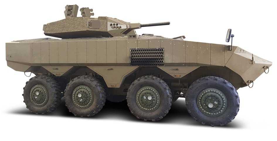 The Iron Fist Light Decoupled active protection system integrated on the turret of an Israel Defence Force Eitan 8×8 APC. (Elbit Systems)