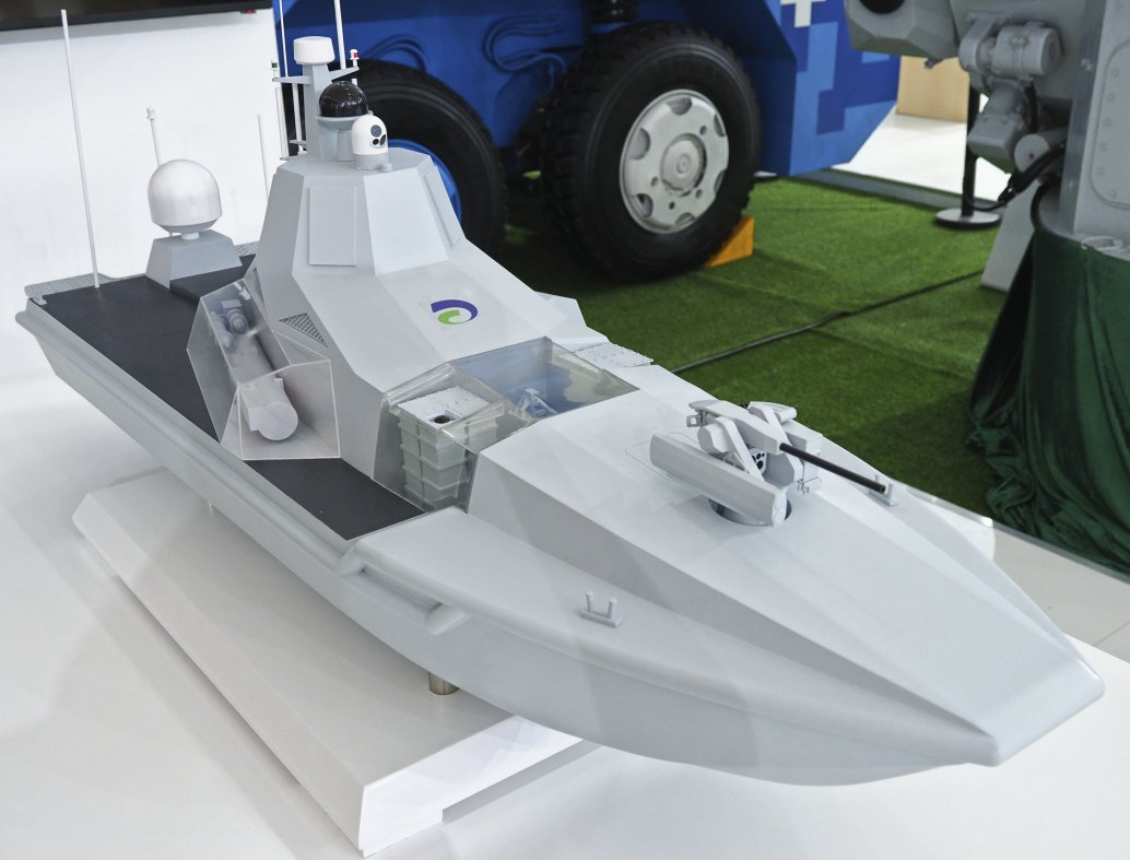 A scale model of the JARI multirole USV seen at the Airshow China 2018 exhibition in Zhuhai. It’s proposed surface, sub-surface, and anti-air weapons are clearly shown. (IHS Markit/Kelvin Wong)