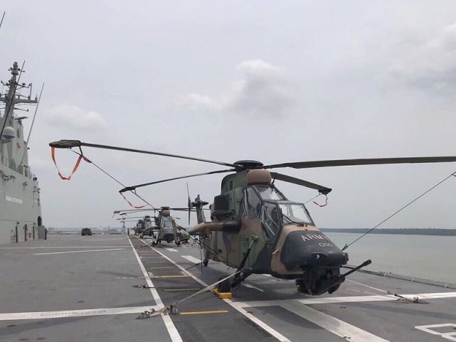 
        Seen aboard HMAS
        Canberra
        during the type’s first overseas deployment earlier in 2019, the Tiger is being pitched by Airbus as a “cost-effective” solution to its future armed reconnaissance requirement.
       (Commonwealth of Australia)