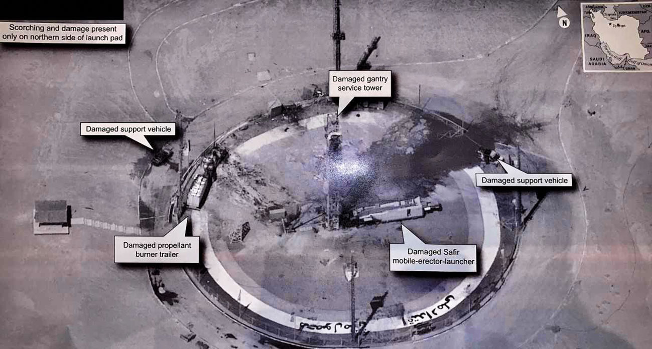 A satellite image tweeted by Trump on 30 August shows the aftermath of an explosion on the Safir launch pad at Iran’s Imam Khomeini Space Centre. (President Donald Trump)